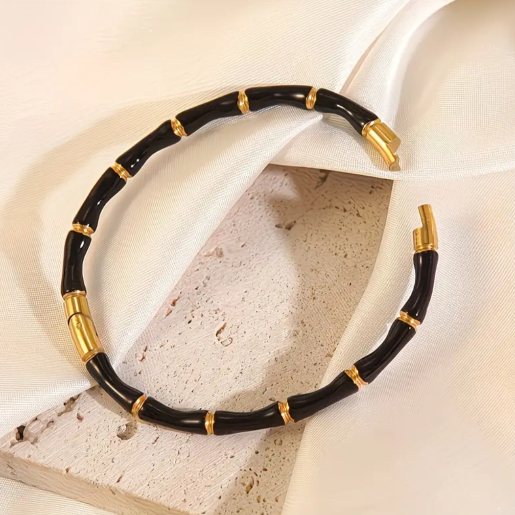 18 Kt Gold Over Titanium Black Enamel Bamboo Bracelet